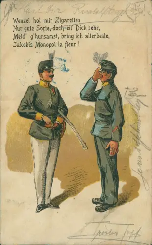 Militär Scherzkarte Tschechein Wenzel hol mir Zigaretten 1901 Gold