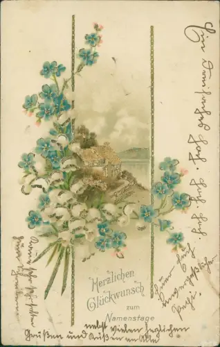 Geburtstag Birthday Veilchenstrauss vor Landschaft 1905 Goldprägung