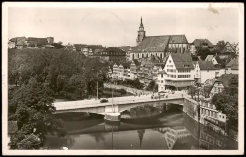 Tübingen Eberhardsbrücke mit Blick auf Schloss und Stiftskirche 1951
