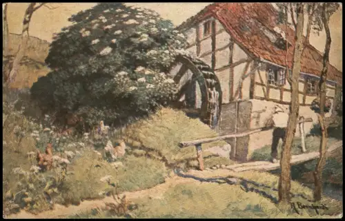 Ansichtskarte  Alte Wassermühle mit Fachwerkhaus Künstlerkarten 1935
