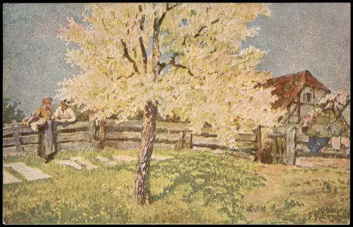 Blühender Baum mit Personen vor Fachwerkhaus Künstlerkarte 1910