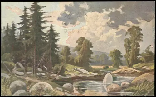 Ansichtskarte  Malerische Gebirgslandschaft mit Bergbach und Tannen 1918