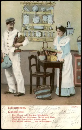 Soldatenleben - Liebesdienst: Soldat und Mägdelein in der Küche 1905