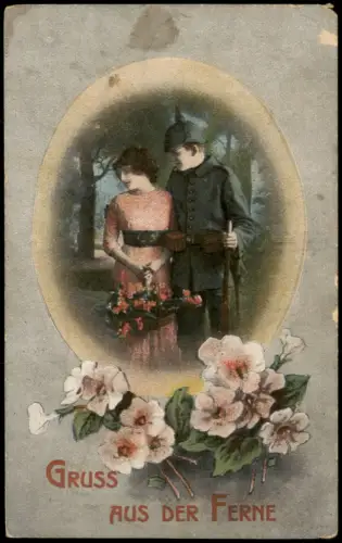 Ansichtskarte  Soldat mit Pickelhaube und junge Frau mit Blumenkorb 1917