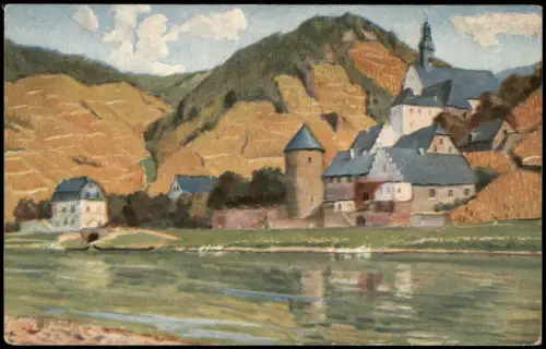 Beilstein (Mosel) Flusslandschaft mit Burg und Klosterkirche 1915
