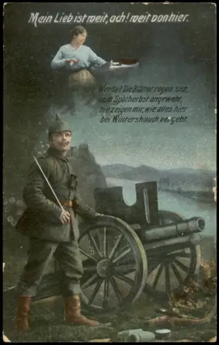 Ansichtskarte  Soldat am Feldgeschütz mit Vision der Geliebten 1916