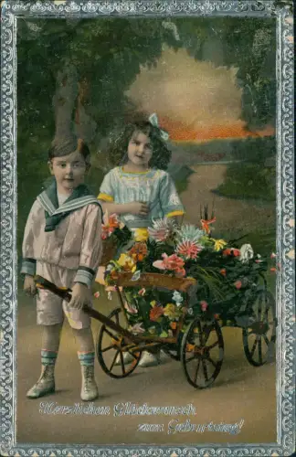 Kinder mit Blumen Bollerwagen geprägter Silerrahmen 1912 Silberprägung