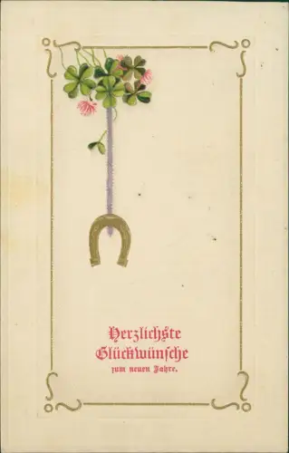 Neujahr Sylvester New Year Glücksklee Hufeisen Gold schlicht 1912 Prägekarte