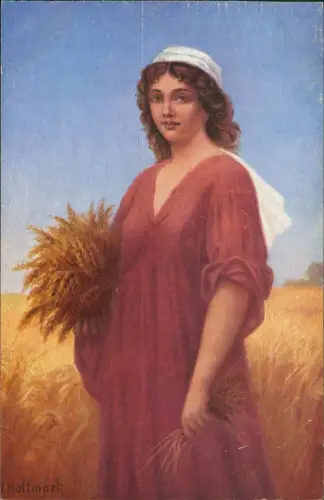 Ansichtskarte  Schöne Frau im roten Kleid im Kornfeld Danmark Dänemark 1916