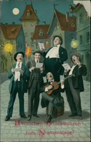 Ansichtskarte  Geburtstag Birthday singender Männerchor mit Laternen 1913
