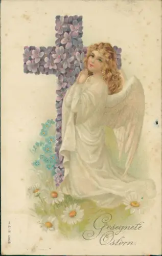 Gesegnete Ostern Easter Engel vor Kreuz aus Veilchen Künstlerkarte 1907 Prägekarte