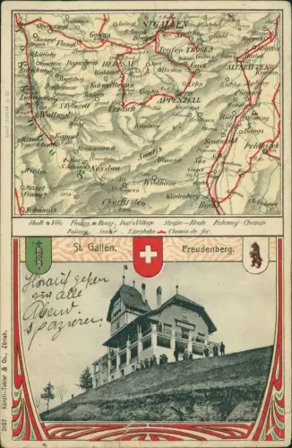 Ansichtskarte St. Gallen 2 Bild Landkarte und Freudenberg Heraldik 1909