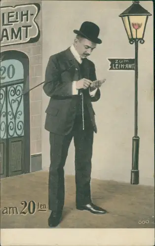 Ansichtskarte  Scherzkarte Humor Mann mit Melone 20. des Monats Leihamt 1912