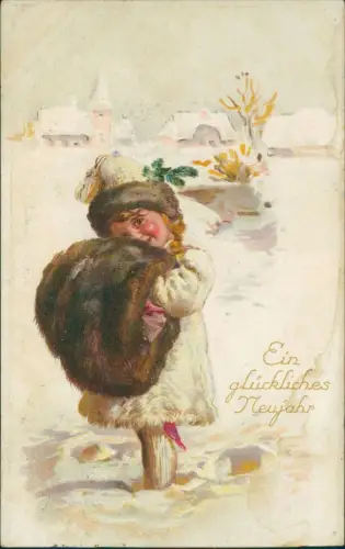 Neujahr Sylvester New Year Mädchen im Pelz vor verschneiter Stadt 1912