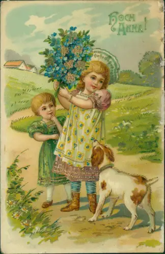 Geburtstag Birthday Kinder mit Veilchenstrauss HOCH ANNE 1909 Gold