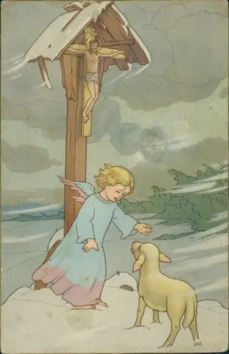 Ansichtskarte  Jesus am Kreuz kalter Winter Engel u. Lamm Künstlerkarte 1918