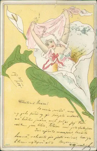 JUGENSTIL Art nouveau schöne Frau in Blume Künstzlerkarte 1908  gel. Prag