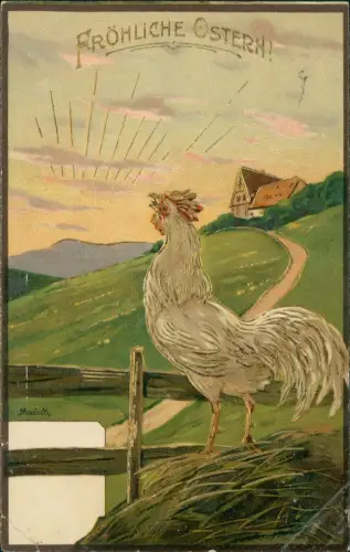 Ostern Easter Hahn Sonnenaufgang Künstlrkarte Erik Mailick 1906 Mailick Gold