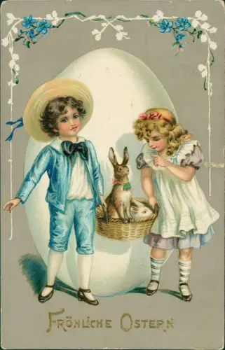 Ostern Easter Junge und Mädchen tragen Korb mit Hasen 1906 Gold