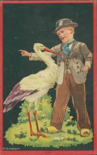 Junger Mann schickt Storch davon Scherzkarte Humor Künstlerkarte 1938