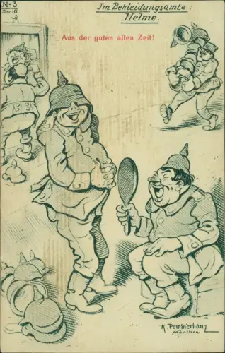 Ansichtskarte  Miltär Scherzkarte Im Bekleidungsamte Helme Pommerhanz 1917