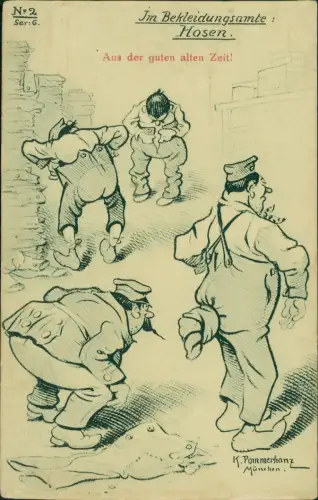Ansichtskarte  Miltär Humor Scherzkarte Im bekleidungsamte Hosen WK1 1917