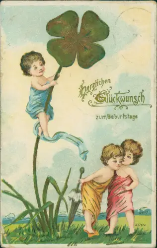 Kinder Jungen auf Riesen Glücksklee Künstlerkarte Geburtstag Birthday 1911 Gold