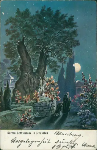 Jerusalem Jeruschalajim (רושלים) Gethsemane bei Mondschein Künstlerkarte 1911