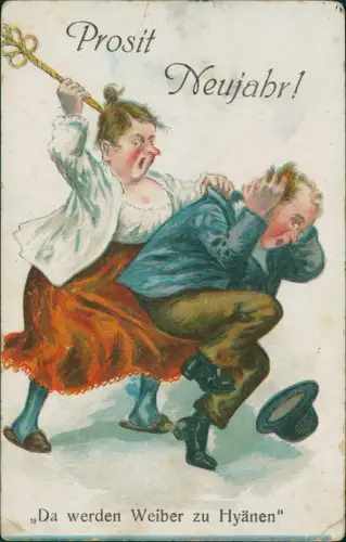 Neujahr Sylvester New Year Scherzkarte Frau versohlt Mann Teppichklopfer 1913