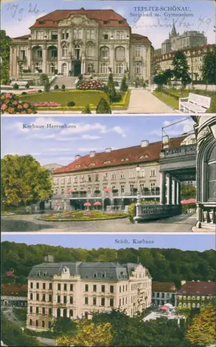 Postcard Teplitz-Schönau Teplice 3 Bild Herrenhaus Kurhaus 1924