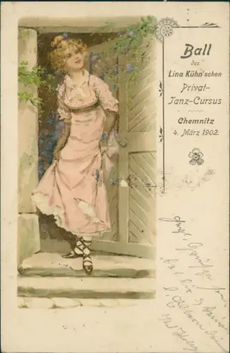 Kinder Künstlerkarte Mädchen im Ballkleid Kühn Tanz Cursus Chemnitz 1902