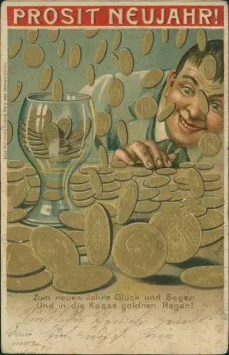 Neujahr Sylvester New Year Goldmünzen Regen staunender Mann 1909 Goldprägung