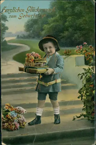 Geburtstag Birthday verschmitzter Junge mit Geschenken 1914 Gold