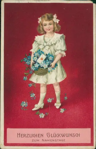 Geburtstag Birthday Mädchen in Spitze mit Korb voller Veilchen 1912 Prägekarte