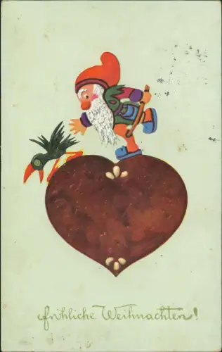 Weihnachten Christmas Weihnachtsmann jagt Raben auf Lebkuchenherz 1915