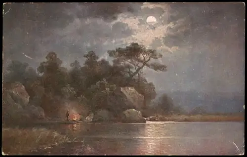 Ansichtskarte  Mondscheinlandschaft mit Lagerfeuer am Seeufer 1911