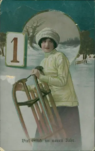 Neujahr Sylvester New Year Frau Frau mir Schlitten Goldene 1 1916