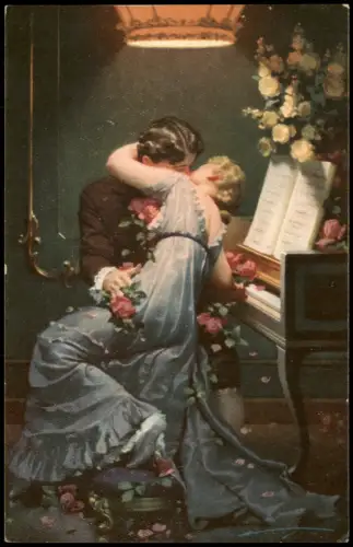 Ansichtskarte  Liebes-Akkorde - Küssendes Paar am Klavier 1918