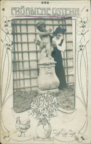 Ansichtskarte  Ostern Easter Ornament Realfoto Frau mit Statue 1919