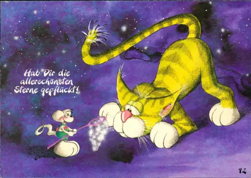 Ansichtskarte  Diddl-Maus fängt Sterne für eine gelbe Katze 1995