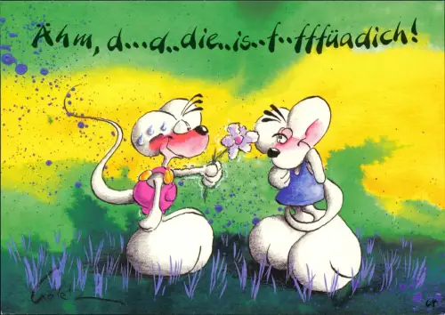 Ansichtskarte  Diddl überreicht Diddlina eine Blume 1995