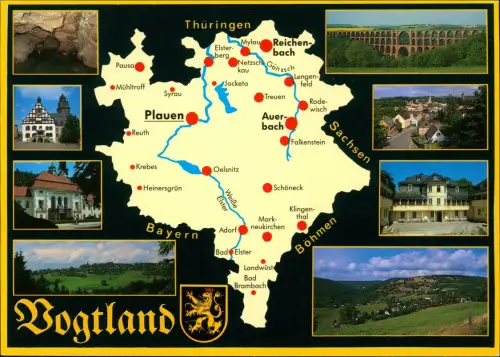 .Vogtland Mehrbildkarte Vogtland mit Landkarte und 8 Ansichten 1995