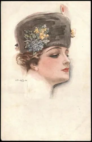 Ansichtskarte  Frauenporträt mit Blumenhut 1916