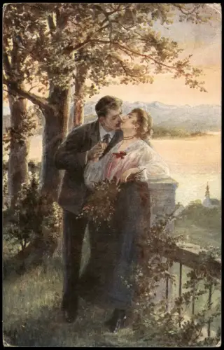 Ansichtskarte  Liebesglück - Küssendes Paar in Parklandschaft 1910
