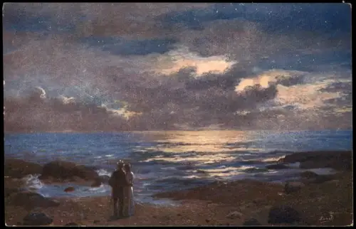 Ansichtskarte  Čeněk Jandl: Bei Sonnenuntergang - Paar am Meeresufer 1910