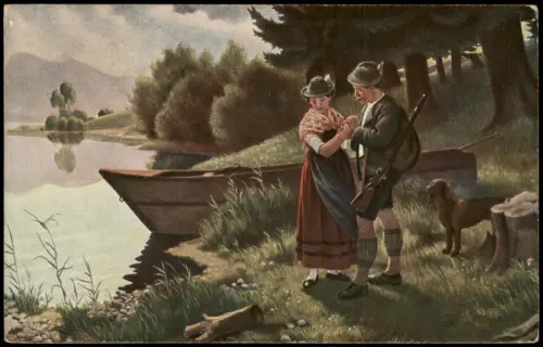Ansichtskarte  August Dieffenbacher: Stelldichein, Liebespaar Jäger 1931
