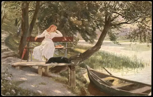 Unter Bäumen süßes Träumen, Frau mit Hund träumt von Liebe 1910