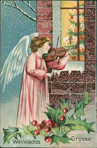 Ansichtskarte  Weihnachten Christmas Engel mit Geige Fenster 1915   Bahnpost