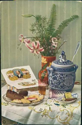 Ansichtskarte  Künstlerkarte Stillleben Bowle Zigarren Orchiden 1913
