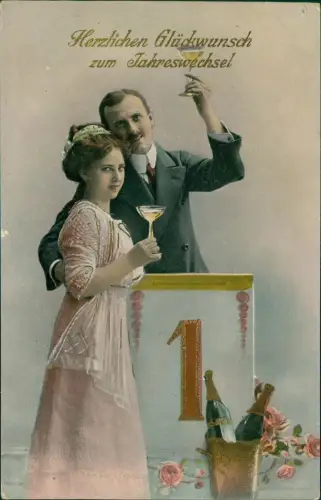 Neujahr Sylvester New Year Mann und Frau Champagner Gold 1914 Gold